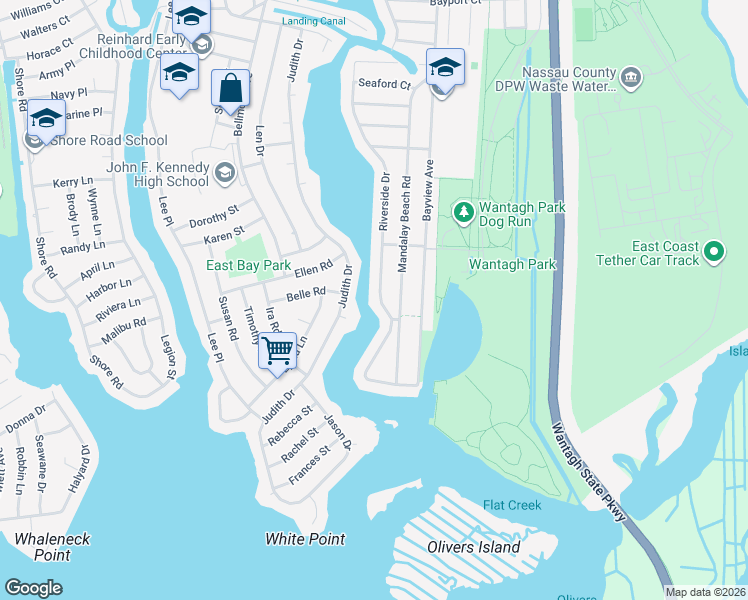 map of restaurants, bars, coffee shops, grocery stores, and more near 2922 Riverside Drive in Wantagh