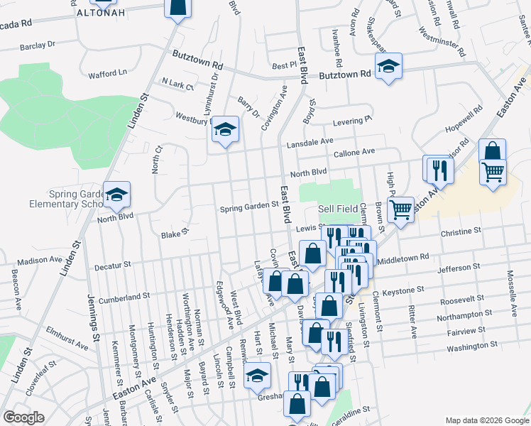 map of restaurants, bars, coffee shops, grocery stores, and more near 2331 Covington Avenue in Bethlehem