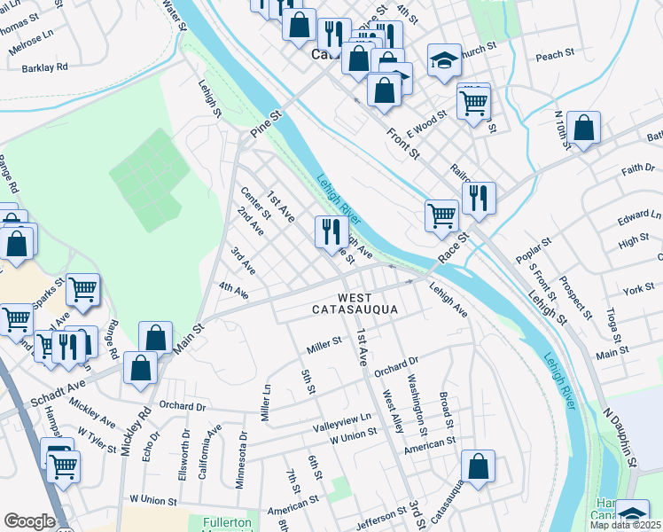 map of restaurants, bars, coffee shops, grocery stores, and more near 2012 North 1st Avenue in Lehigh County
