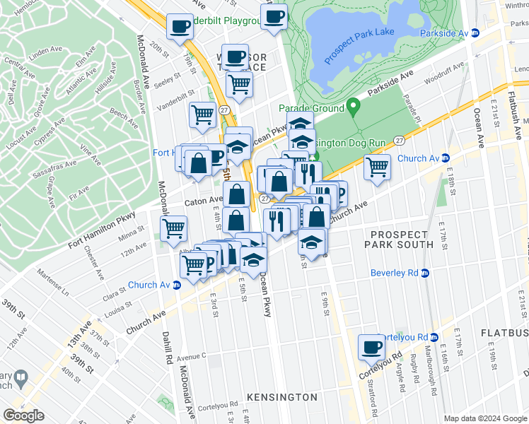 map of restaurants, bars, coffee shops, grocery stores, and more near 135 Prospect Expressway in Brooklyn