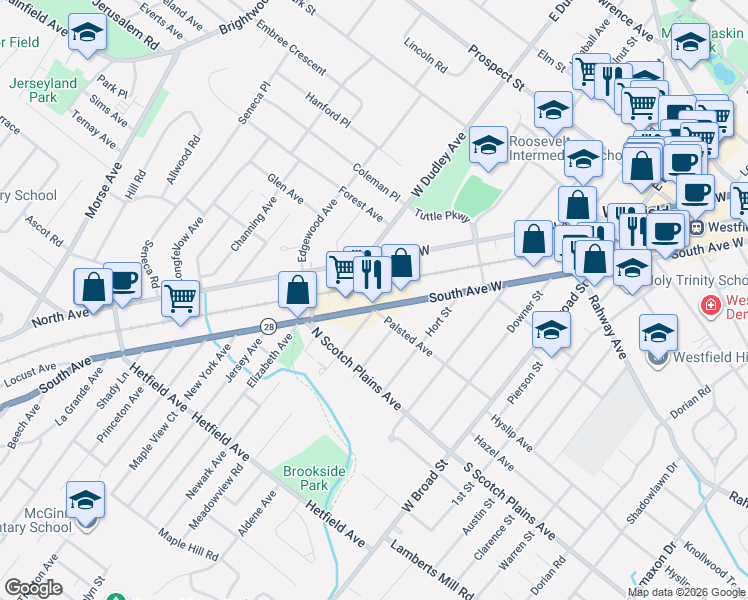 map of restaurants, bars, coffee shops, grocery stores, and more near 1020 South Avenue West in Westfield