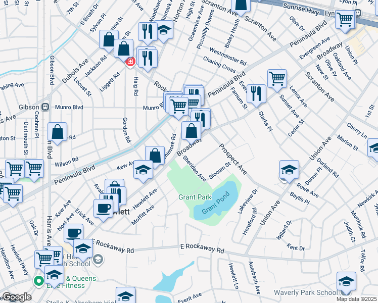 map of restaurants, bars, coffee shops, grocery stores, and more near 1705 Broadway in Hewlett
