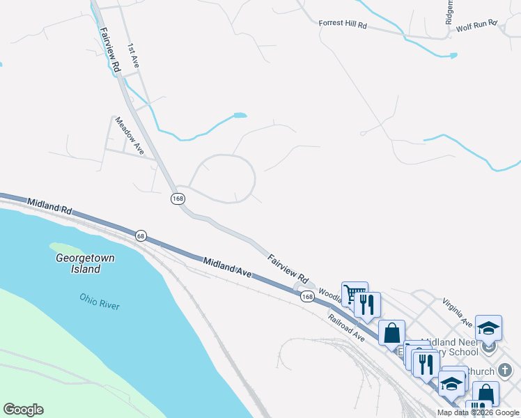 map of restaurants, bars, coffee shops, grocery stores, and more near 19 Midland Heights Circle in Midland