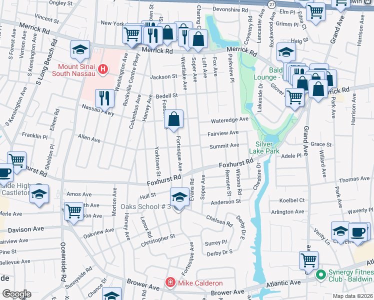 map of restaurants, bars, coffee shops, grocery stores, and more near 2578 Westlake Avenue in Oceanside