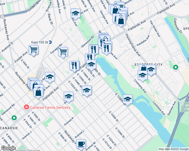 map of restaurants, bars, coffee shops, grocery stores, and more near 10701 Avenue J in Brooklyn