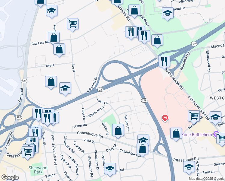 map of restaurants, bars, coffee shops, grocery stores, and more near 2017 Dogwood Lane in Bethlehem
