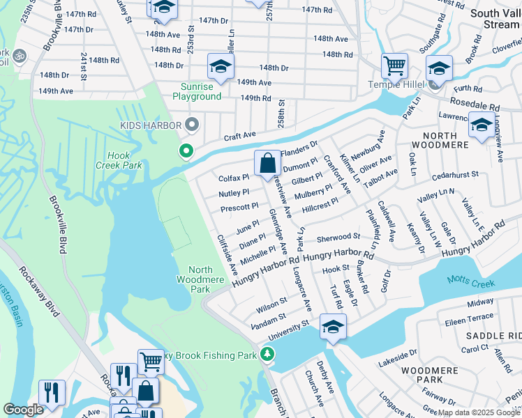 map of restaurants, bars, coffee shops, grocery stores, and more near 662 Prescott Place in Valley Stream