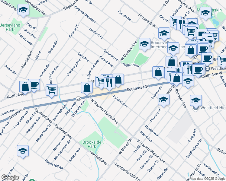 map of restaurants, bars, coffee shops, grocery stores, and more near 1020 South Avenue West in Westfield