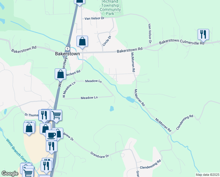 map of restaurants, bars, coffee shops, grocery stores, and more near 6043 Meadow Lane in Bakerstown