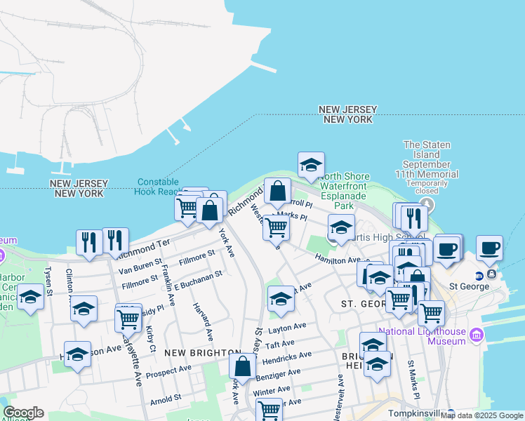 map of restaurants, bars, coffee shops, grocery stores, and more near 33 Carroll Place in Staten Island