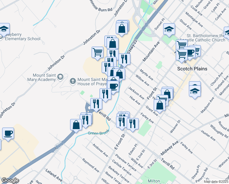 map of restaurants, bars, coffee shops, grocery stores, and more near 1684 U.S. 22 in Watchung