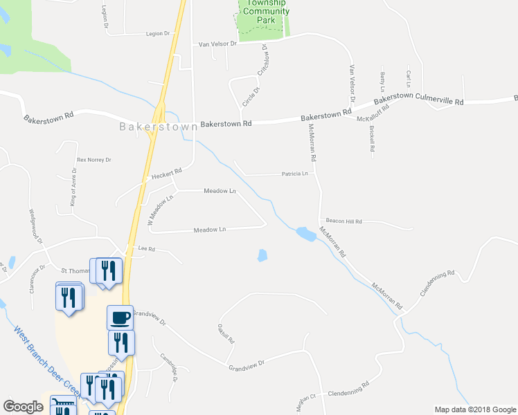 map of restaurants, bars, coffee shops, grocery stores, and more near 6043 Meadow Lane in Bakerstown