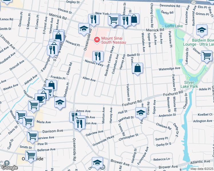 map of restaurants, bars, coffee shops, grocery stores, and more near 252 Allen Ave in Oceanside