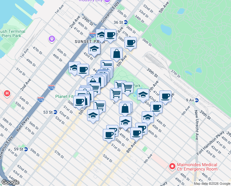 map of restaurants, bars, coffee shops, grocery stores, and more near 569 45th Street in Brooklyn