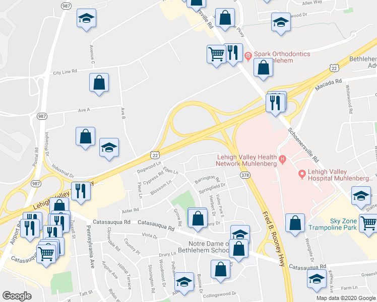 map of restaurants, bars, coffee shops, grocery stores, and more near 2017 Dogwood Lane in Bethlehem