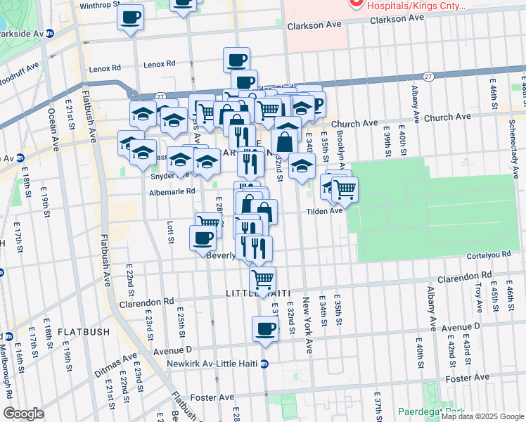 map of restaurants, bars, coffee shops, grocery stores, and more near 3023 Tilden Avenue in Brooklyn
