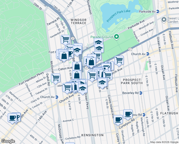 map of restaurants, bars, coffee shops, grocery stores, and more near 135 Prospect Expressway in Brooklyn