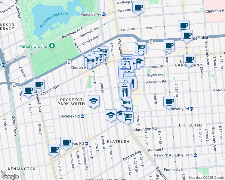map of restaurants, bars, coffee shops, grocery stores, and more near 645 Ocean Avenue in Brooklyn