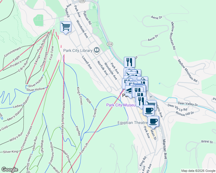 map of restaurants, bars, coffee shops, grocery stores, and more near 901 Empire Avenue in Park City