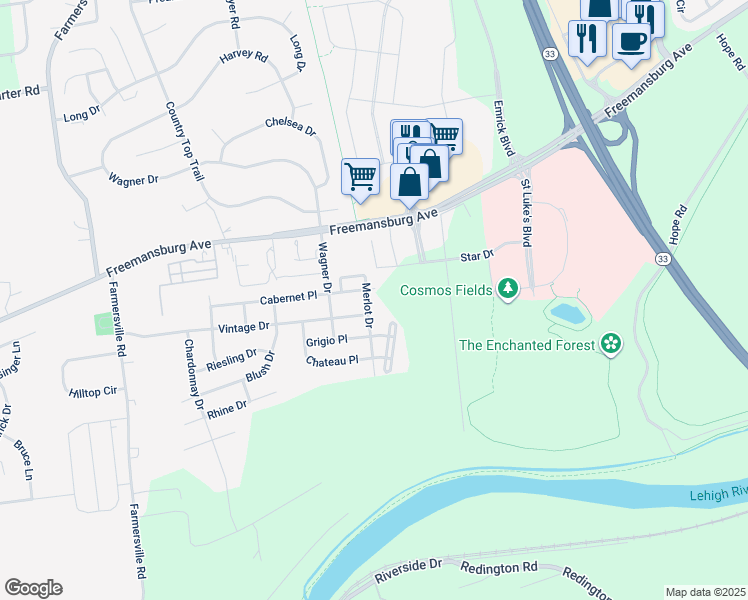 map of restaurants, bars, coffee shops, grocery stores, and more near 1824 Merlot Drive in Easton