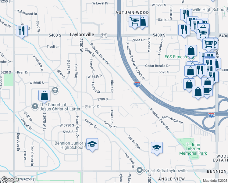 map of restaurants, bars, coffee shops, grocery stores, and more near 5731 Blake Drive in Salt Lake City