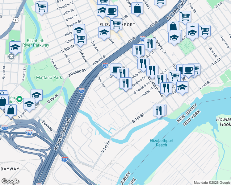 map of restaurants, bars, coffee shops, grocery stores, and more near 224 Florida Street in Elizabeth