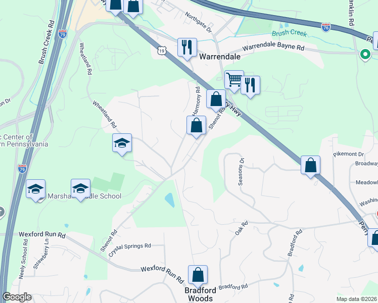 map of restaurants, bars, coffee shops, grocery stores, and more near 123 Shenot Road in Wexford