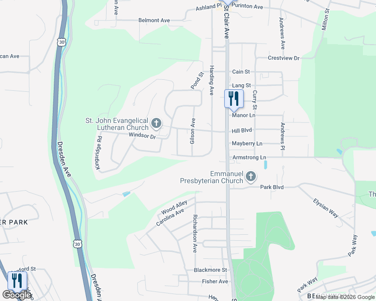 map of restaurants, bars, coffee shops, grocery stores, and more near 3014 Gilson Avenue in East Liverpool