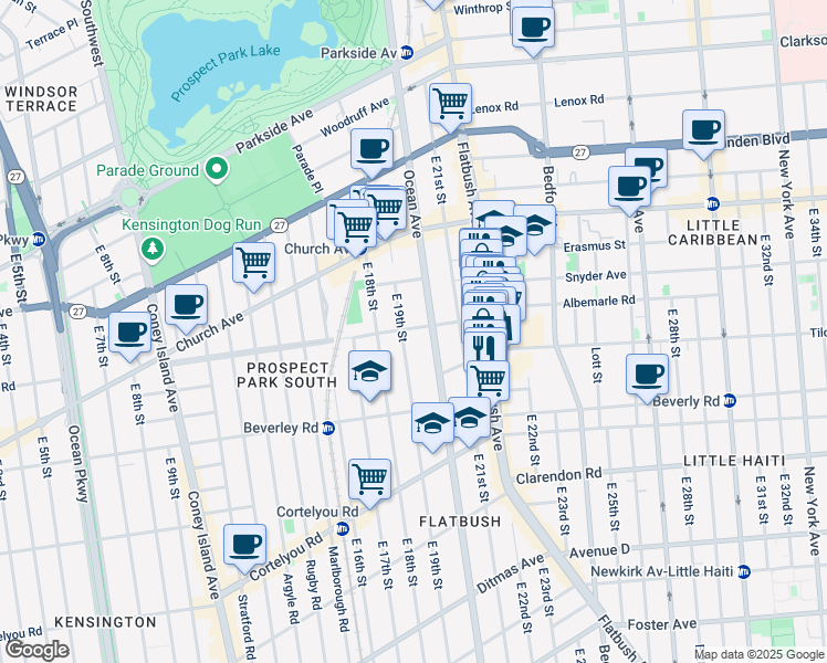 map of restaurants, bars, coffee shops, grocery stores, and more near 1916 Albemarle Road in Brooklyn