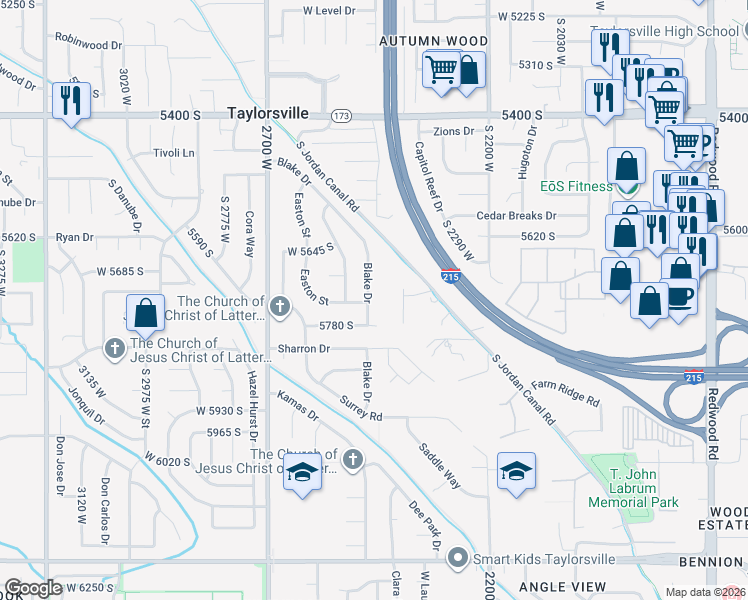 map of restaurants, bars, coffee shops, grocery stores, and more near 5731 Blake Drive in Salt Lake City