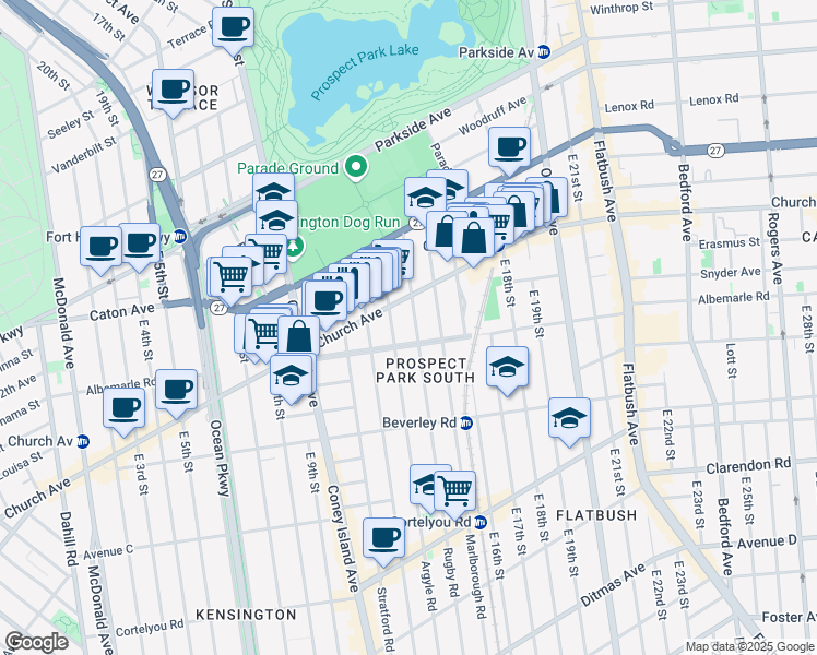 map of restaurants, bars, coffee shops, grocery stores, and more near 108 Rugby Road in Brooklyn