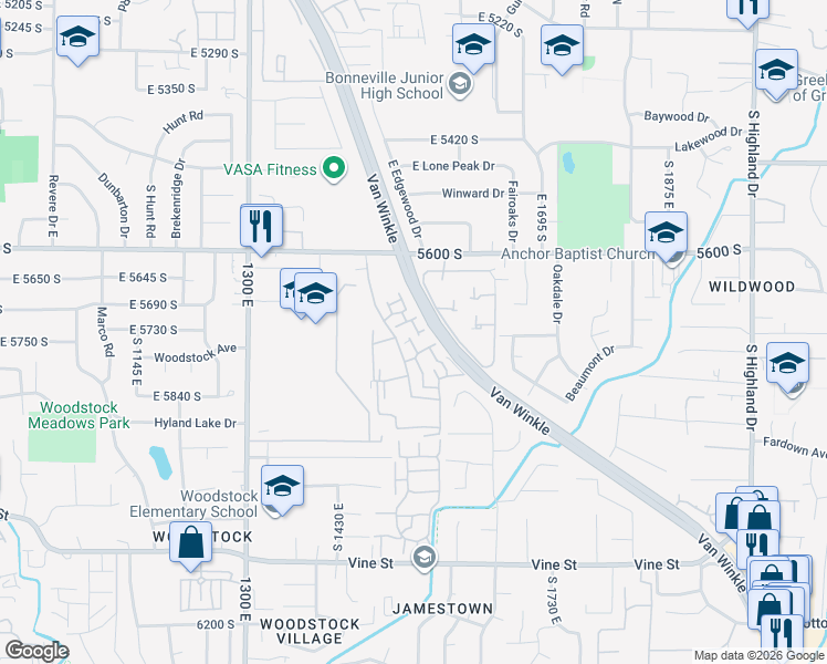 map of restaurants, bars, coffee shops, grocery stores, and more near 1573 East Waterbury Drive in Murray