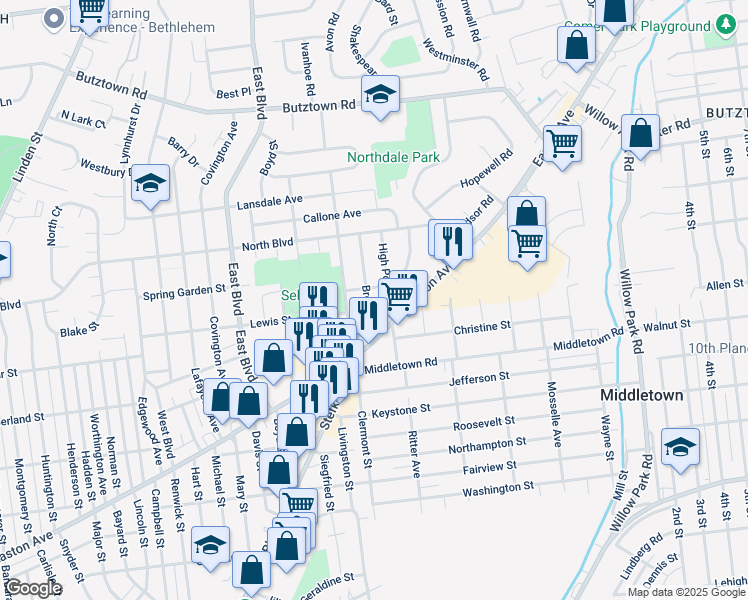 map of restaurants, bars, coffee shops, grocery stores, and more near 2323 High Point Drive in Bethlehem