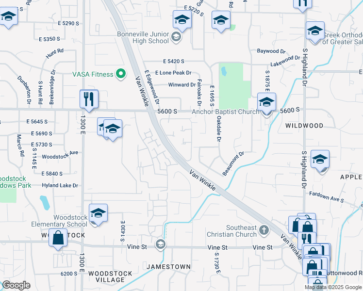 map of restaurants, bars, coffee shops, grocery stores, and more near 1616 Saint James Place in Holladay