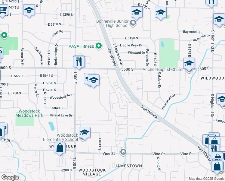map of restaurants, bars, coffee shops, grocery stores, and more near 5840 Waterbury Drive in Murray