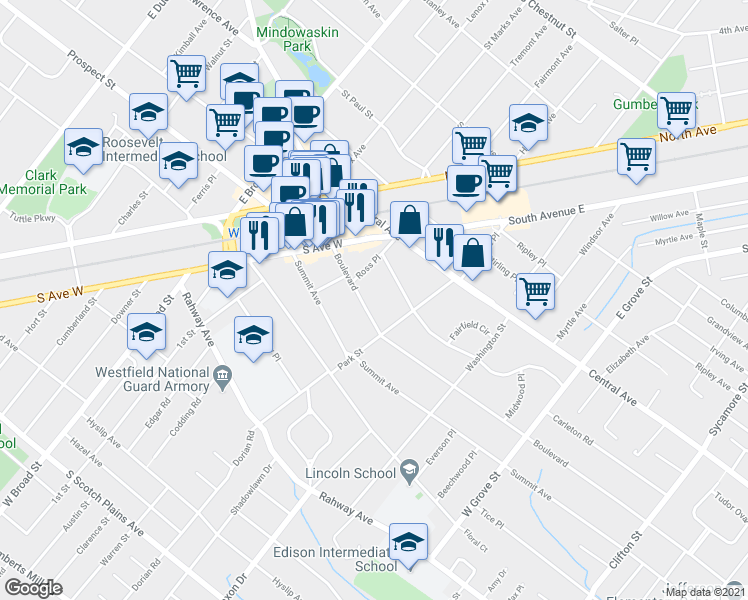 map of restaurants, bars, coffee shops, grocery stores, and more near 521 Boulevard in Westfield