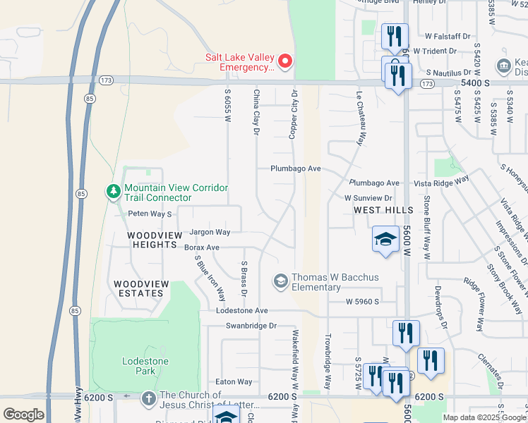 map of restaurants, bars, coffee shops, grocery stores, and more near 5663 South China Clay Circle in Kearns