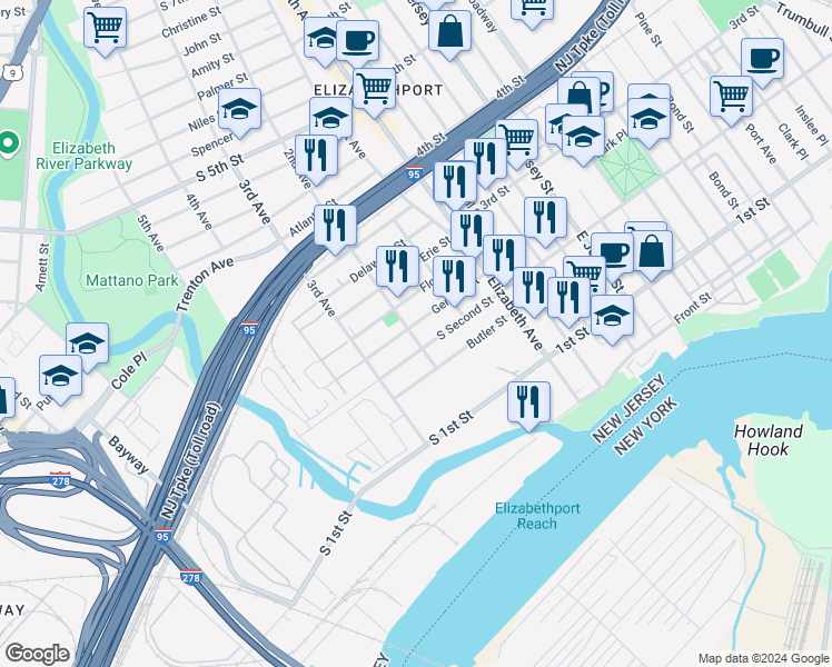 map of restaurants, bars, coffee shops, grocery stores, and more near 76 Geneva Street in Elizabeth