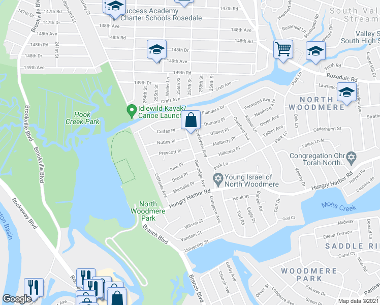 map of restaurants, bars, coffee shops, grocery stores, and more near 662 Prescott Place in Valley Stream