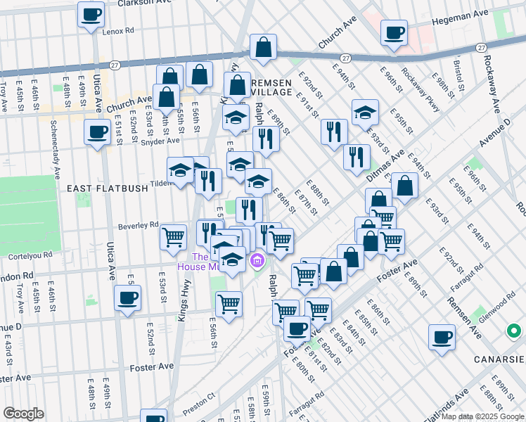 map of restaurants, bars, coffee shops, grocery stores, and more near 1193 Ralph Avenue in Brooklyn