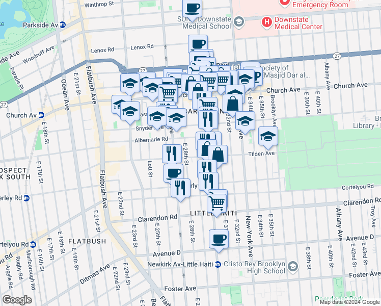 map of restaurants, bars, coffee shops, grocery stores, and more near 2901 Tilden Avenue in Brooklyn