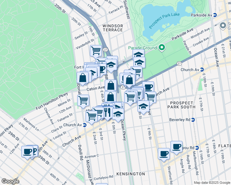 map of restaurants, bars, coffee shops, grocery stores, and more near 132 Ocean Parkway in Brooklyn