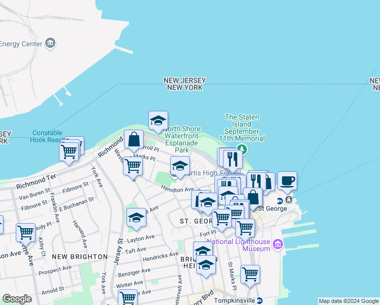 map of restaurants, bars, coffee shops, grocery stores, and more near 216 Richmond Terrace in Staten Island
