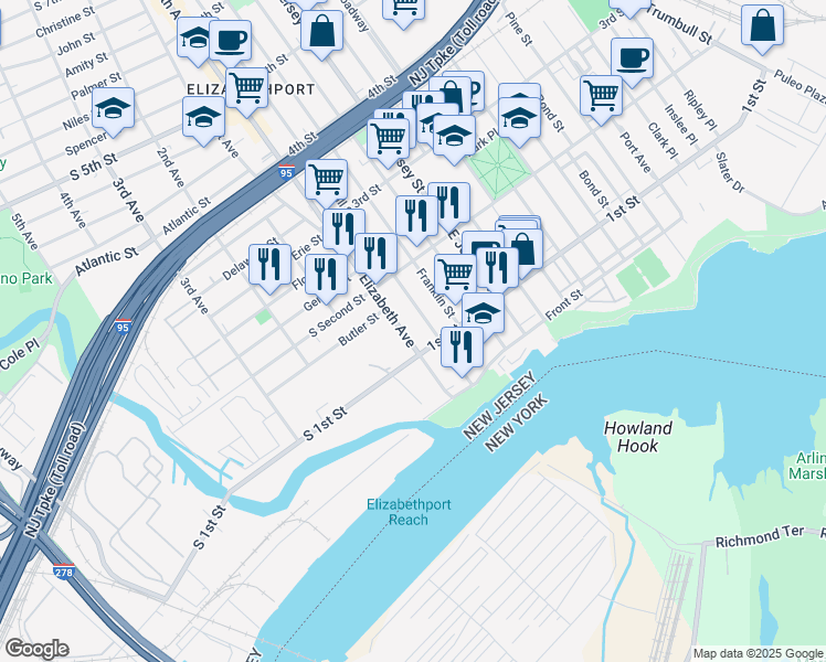 map of restaurants, bars, coffee shops, grocery stores, and more near 112 Marshall Street in Elizabeth