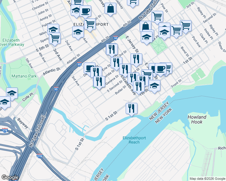 map of restaurants, bars, coffee shops, grocery stores, and more near 52 South Second Street in Elizabeth