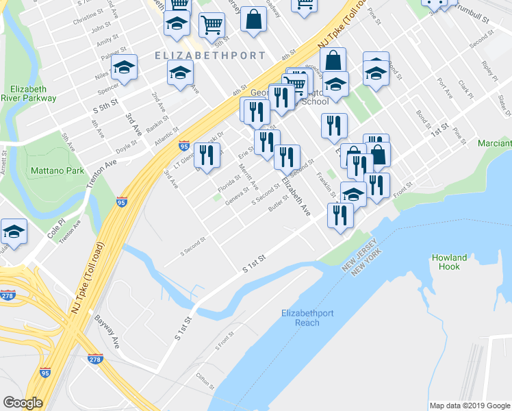 map of restaurants, bars, coffee shops, grocery stores, and more near 52 South Second Street in Elizabeth