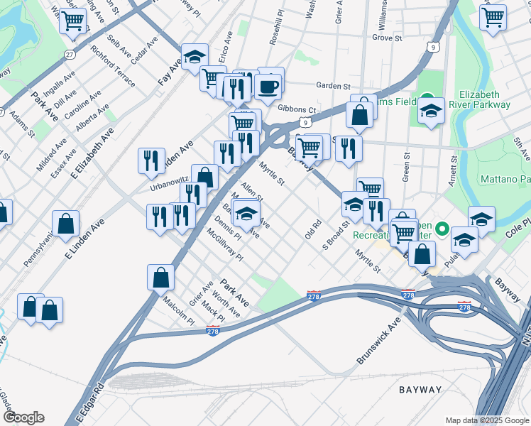 map of restaurants, bars, coffee shops, grocery stores, and more near in Elizabeth