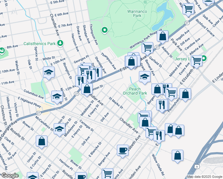 map of restaurants, bars, coffee shops, grocery stores, and more near 811 Cranford Avenue in Linden