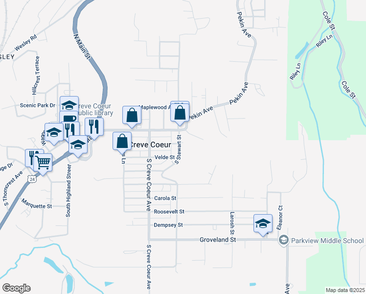 map of restaurants, bars, coffee shops, grocery stores, and more near 448 Zessin Street in Creve Coeur