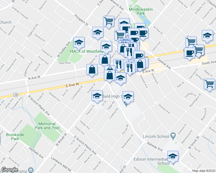 map of restaurants, bars, coffee shops, grocery stores, and more near 410 Rahway Avenue in Westfield